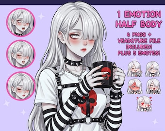 Kobieta PNGTuber - Białe włosy, gotowa PNGTuber Dziewczyna z emotikonami - Anime Punk Emo PNG Tuber Model - Awatar Twitch, GIFTuber
