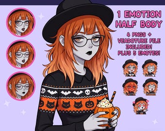Mysig Halloween-kvinna PNGTuber - Orange hår, färdig PNGTuber-tjej med emotes - Höst PNG-knölmodell - Twitch-avatar, GIFTuber