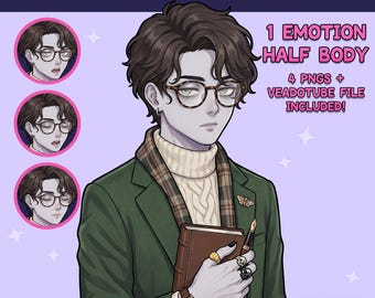 Modelo masculino PNGTuber - Chico PNGTuber de pelo castaño con gafas - VeadoTube - Avatar de Twitch, GIFTuber, Dark Academia