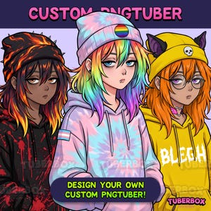 May include: Digital illustration of three characters with anime-style features. The left character wears a black flame-patterned hoodie and beanie. The center character has rainbow hair, a tie-dye hoodie, and a beanie with a rainbow pin. The right character wears a yellow hoodie with a skull and cat ears. Text reads: CUSTOM PNGTUBER and DESIGN YOUR OWN CUSTOM PNGTUBER.