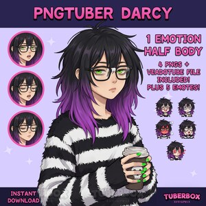 May include: Digital art of a character named Darcy with black and purple hair, wearing glasses and a black and white striped sweater. The image includes multiple emotes and the text "PNGTUBER DARCY" and "INSTANT DOWNLOAD".