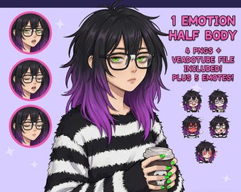 PNGTuber femenina - Chica PNGTuber predefinida y nerd con emoticonos - Modelo PNG Tuber adorable - VeadoTube - Avatar de Twitch, GIFTuber - Descarga instantánea