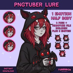 May include: Digital art of a character with red hair and a black hoodie with bat-like ears. The character holds a black bat plushie with red accents. The image includes the text "PNGTUBER LURE" and "1 EMOTION HALF BODY".