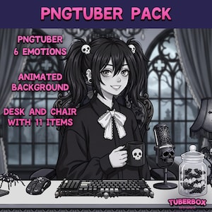 May include: A digital illustration of a PNGTuber pack. The image features a smiling anime-style character with black hair and skull hair accessories. The character is seated at a desk with a skull-themed keyboard, mouse, and mug. Text includes "PNGTuber Pack".