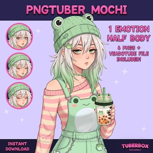 Könnte beinhalten: Digitale Illustration einer PNGtuber-Figur namens Mochi mit weiß-grünem Haar, die eine hellgrüne Froschmütze, ein rosa-weiß gestreiftes Oberteil und eine hellgrüne Latzhose mit Froschmotiv trägt und einen Bubble Tea in der Hand hält.