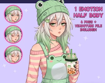 Cozy PNGTuber Female - Cute Frog Girl PNGTuber - Kawaii Premade PNG Tuber Model - VeadoTube - Twitch Avatar, GIFTuber - Discord Reactive PNG