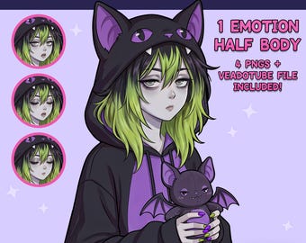 PNGTuber femenina - Chica PNGTuber predefinida emo, cabello verde - Modelo PNG Tuber - Avatar de Twitch, GIFTuber
