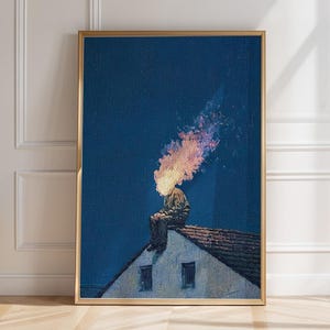 Surrealist Wall Art, Mind On Fire Oil Painting Print, Man on Roof Canvas Poster, Moody Dark Blue Artwork, Emotional Existential Decor