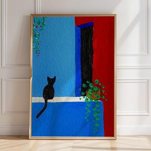 Zwarte kat, mediterrane raamdecoratie, kobaltblauw-rode boho-wanddecoratie