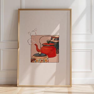 Peut inclure: Une impression d'art mural rectangulaire encadrée présentant une illustration centrale d'une théière rouge vif avec de la vapeur s'échappant du bec, placée au-dessus d'un bol à motifs avec un couvercle sombre, sur un fond beige clair.