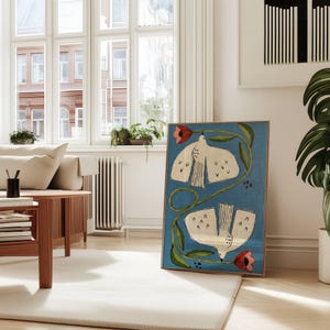 Folk Art Bird Wall Art Print, Scandinavian Blue Dove Floral Canvas Poster