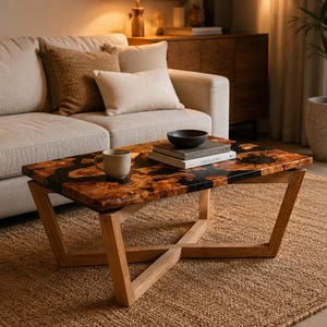 Pode incluir: Uma mesa de centro moderna com base de madeira e tampo de resina com um padrão orgânico único em tons de castanho e preto. A mesa está numa sala de estar com um sofá bege, almofadas e um tapete.