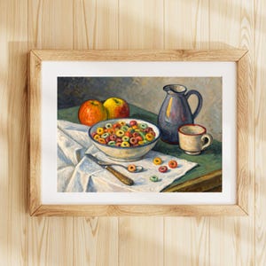 Lámina de naturaleza muerta con Fruit Loops, pintura al óleo postimpresionista, decoración divertida para la pared de la cocina, descarga digital.
