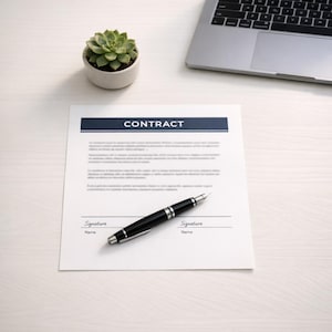May include: A white contract document with the word "CONTRACT" in dark blue text at the top. A black and silver fountain pen rests on the document, ready for signatures. A small succulent plant in a white pot and a laptop are also visible.