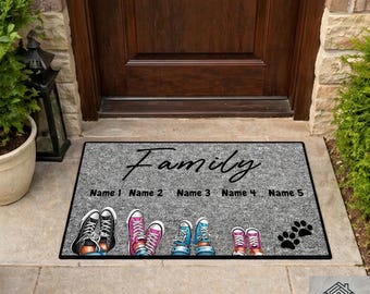 Felpudo familiar personalizado – Felpudo de bienvenida a medida para la entrada de casa / Regalo de inauguración / Regalo para amantes de las mascotas / Felpudo personalizado para la puerta principal
