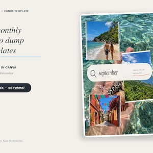 May include: A digital Canva template for 12 monthly photo dumps featuring a 4:5 format. The layout includes text reading LIFE RECAP, 12 monthly photo dump templates, EDITABLE IN CANVA, January-December, 12 PAGES, 4:5 FORMAT, and september.
