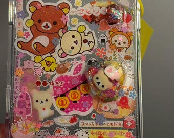 Handgemaakte Rilakkuma iPhone 17 Pro Max-hoes, kawaii roze beer glittercover