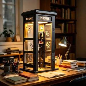 Op de afbeelding: Een zwarte miniatuur telefooncel met het woord 'PHONE' verlicht aan de bovenkant. De cel heeft glazen panelen met graffiti-kunst. Het staat op een houten bureau met boeken, potloden en een bureaulamp. De binnenkant is warm verlicht.