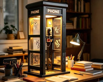 Vintage Phone Booth Ambient Lamp,Retro Tall Telephone Booth Table Lamp with Warm LED Light,Classic Mini Phonebooth Accent Light