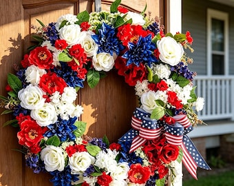 Ghirlanda patriottica per la porta d'ingresso, decorazione americana nei colori rosso, bianco e blu, ghirlanda per la celebrazione del 250° anniversario degli Stati Uniti, decorazione per il Giorno dell'Indipendenza.