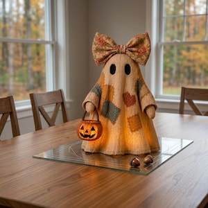 Verlichte vintage patchwork spook Halloween-decor, led-spook tafelbladbeeldje, rustieke boerderij herfstplank schoorsteenmantel middelpunt