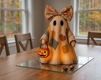 Lighted Vintage Patchwork Ghost Halloween Decor, LED Ghost Tabletop Figurine, Rustic Farmhouse Fall Shelf Mantel Centerpiece