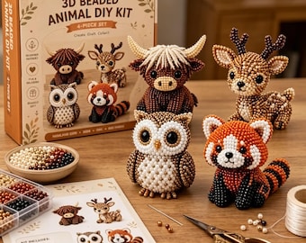 Kit DIY de bichinhos de miçangas 3D em miniatura, kit de bordado DIY fácil com 4 desenhos fofos, kit de miçangas com tema de animais para iniciantes.