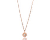 Floating Aquamarine naszyjnik-delikatny 18k Rose Gold Vermeil Chain-małe różowe złoto Vermeil tarczy i kamień szlachetny urok-16in. naszyjnik