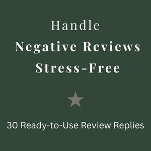Puede incluir: Fondo verde oscuro con texto blanco que dice "Manejar reseñas negativas sin estrés". Debajo del texto hay una estrella gris y el texto "30 respuestas de reseñas listas para usar".