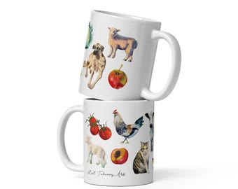 Farm Life Collage Ceramic Mug: Lisl Tulunay Art Farm Animals and Produce