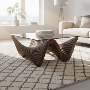 May include: A contemporary coffee table featuring a glass top and a distinctive, undulating base crafted from dark wood. The table rests on a patterned rug within a bright living room. Books are stacked on the table.