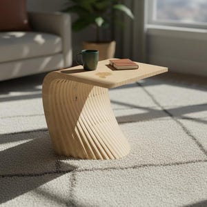May include: A modern, light wood side table with a curved, layered design. A green mug and a small book rest on the tabletop. The table sits on a patterned, light-colored rug in a well-lit room.