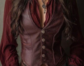 Chaleco de cuero burdeos de inspiración vintage / Chaleco ajustado abotonado, estilo bohemio western.