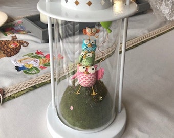 White Lantern Terrarium with a stack of whimsical owls - Local pickup only Kansas City Area