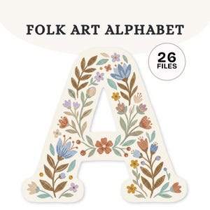 May include: A capital letter A decorated with a floral pattern in muted tones of blue, brown, orange, and green. The text FOLK ART ALPHABET is at the top, and a circular badge with the text 26 FILES is on the right side of the letter.