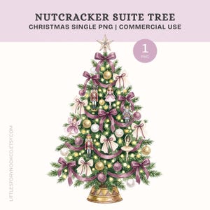 May include: A digital illustration of a Christmas tree decorated with purple ribbons, white bows, gold and purple ornaments, and Nutcracker-themed figures including a soldier, a ballerina, a fairy, and a mouse. The tree is topped with a star.