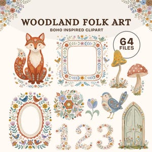 May include: A digital collection titled WOODLAND FOLK ART BOHO INSPIRED CLIPART containing 64 files. The set features a fox, floral frames, mushrooms, birds, a flower cluster, a tulip, the numbers 1, 2, and 3, and a door, all with folk art patterns.