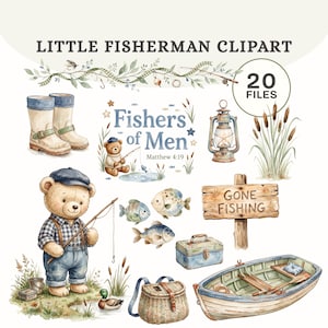 Może przedstawiać: Cyfrowa kolekcja clipartów zatytułowana LITTLE FISHERMAN CLIPART zawierająca 20 plików. Elementy obejmują niedźwiedzia w czapce i ogrodniczkach łowiącego ryby, kalosze, latarnię, pałki wodne, drewniany znak z napisem GONE FISHING, łódź oraz grafikę.