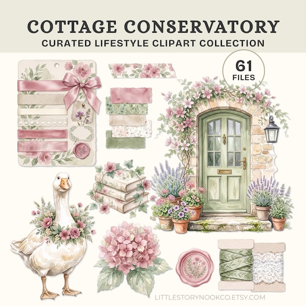 Imágenes prediseñadas Cottagecore, acuarela botánica PNG, estilo Grandmillennial, arte de diario de recortes, descarga digital
