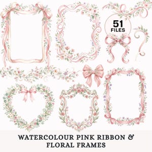 Puede incluir: Una colección de ilustraciones en acuarela con cintas rosas y marcos florales. El conjunto incluye marcos rectangulares, en forma de corazón y ornamentados, decorados con lazos rosas, hojas verdes y flores pequeñas. Texto: 51 FILES.