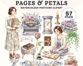 Imágenes prediseñadas Poetcore, imágenes prediseñadas de libros femeninos en acuarela, descarga digital literaria vintage de acogedora casa de campo inglesa
