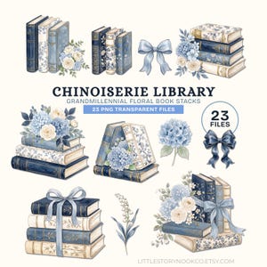 May include: A digital collection of 23 PNG files titled CHINOISERIE LIBRARY GRANDMILLENNIAL FLORAL BOOK STACKS. The set features watercolor illustrations of blue and white books, floral arrangements with hydrangeas, and decorative ribbons.