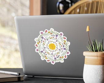 Hippy Car Vinyl, Flower Power Decal Vinyl, Retro Floral Circle, Botanical Bumper Sticker, Mothers Day Gift, Flover Gift, Laptop, Wife Gift