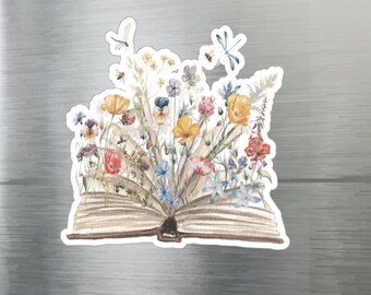 Wildflower Car Vinyl, Vintage Decal Vinyl, Flower Car Decal, Vintage Book, Botanical Bumper Sticker, Mothers Day Gift, Floral