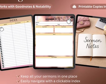 Paquete de notas digitales para sermones, diario de la iglesia, registro de sermones, notas cristianas para sermones, páginas imprimibles en formato A4/A5/Carta, descarga instantánea en PDF.