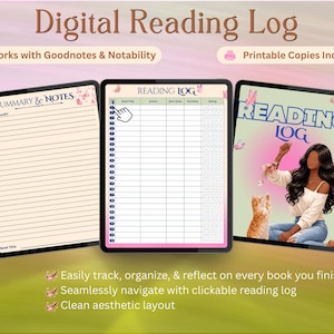 Puede incluir: Registro de lectura digital que se muestra en tres tabletas. Las tabletas muestran una p&aacute;gina de resumen y notas, un registro de lectura con un borde rosa y un registro de lectura con una ilustraci&oacute;n de una persona y un gato. El texto incluye "Works with Goodnotes & Notability" y "Printable Copies Included."