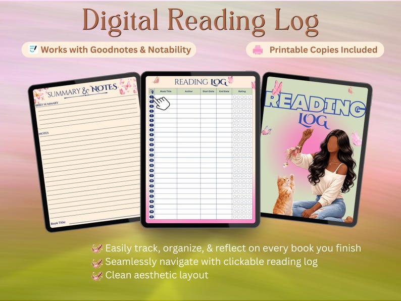 Puede incluir: Registro de lectura digital que se muestra en tres tabletas. Las tabletas muestran una p&aacute;gina de resumen y notas, un registro de lectura con un borde rosa y un registro de lectura con una ilustraci&oacute;n de una persona y un gato. El texto incluye "Works with Goodnotes & Notability" y "Printable Copies Included."