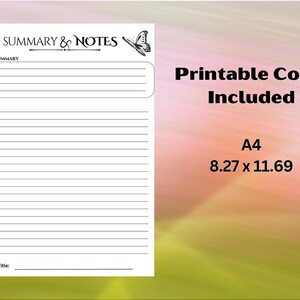 Puede incluir: Una p&aacute;gina A4 imprimible de resumen y notas con un dise&ntilde;o de mariposa. La p&aacute;gina incluye secciones para un breve resumen y notas, con l&iacute;neas para escribir. Dimensiones: 21 x 29,7 cm.