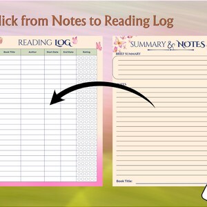Puede incluir: Una p&aacute;gina de registro de lectura y notas con un borde rosa. El registro de lectura incluye campos para el t&iacute;tulo del libro, el autor, las fechas de inicio y finalizaci&oacute;n y una secci&oacute;n de calificaci&oacute;n. La p&aacute;gina de notas tiene un breve resumen y una secci&oacute;n de notas.