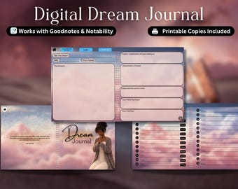 Diario digital de sueños, interpretación de sueños, con hipervínculos, páginas imprimibles en formato A4/A5/Carta, descarga instantánea en PDF.